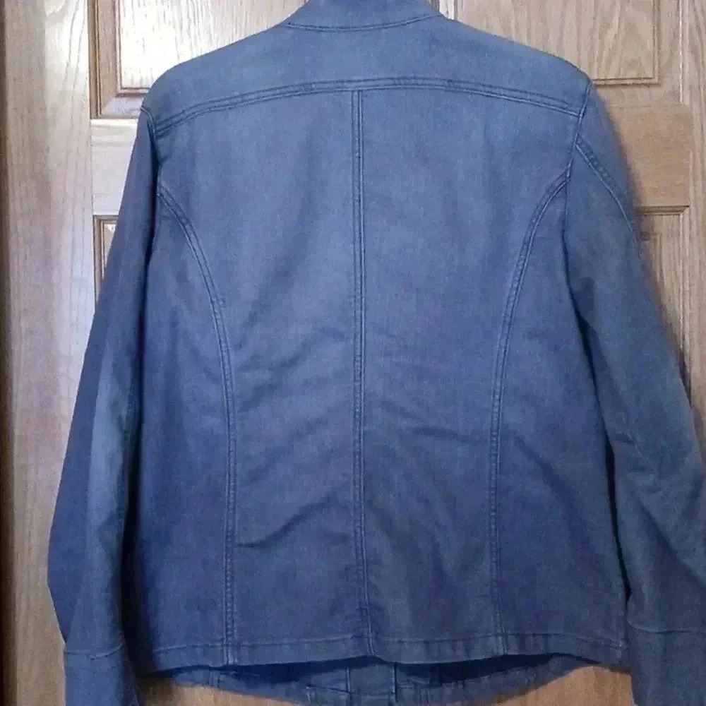 Chico's denim jacket with ruffle trim and silver buttons - Picture 2 of 9